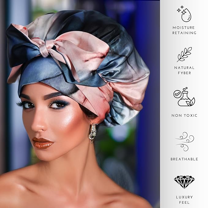 100% Mulberry Silk Bonnet with Ties – Adjustable 19 Momme Double-Layer Reversible Hair Wrap – Stay-On Sleep Cap for Women, Curly Hair, Natural Hair Care – Handmade in USA (Blue & Blush)
