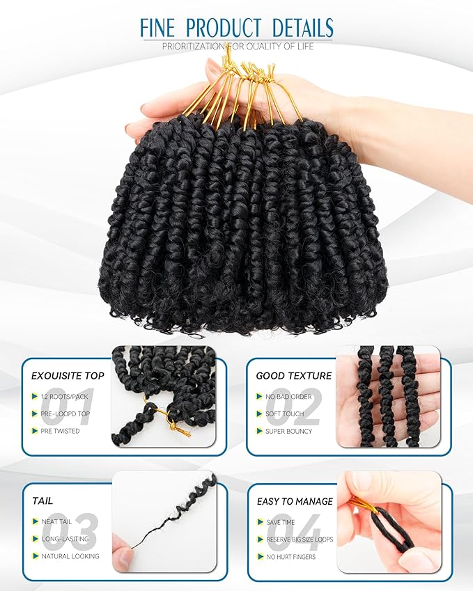Pre-Twisted Passion Twist Crochet Hair for Black Women and Kids,Passion Twist Hair Pre Looped Bohemian Braids 4 Inch 8 Packs Short Bob Spring Twist Curly Braiding Crochet Hair Extensions(4"-8P,1B)