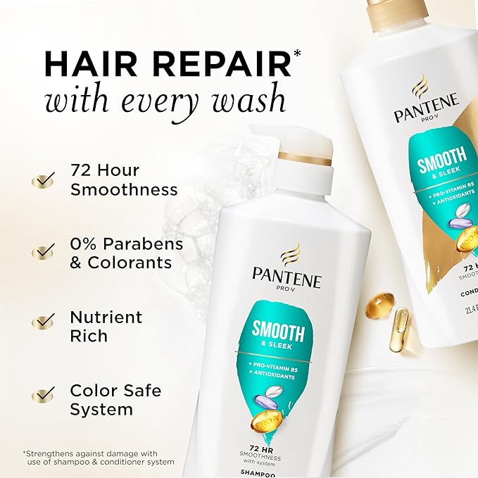 Pantene Shampoo & Conditioner Set, Smooth and Sleek - Frizz Control with Antioxidants, Nourishing for All Hair Types - Curly, Dry, Color-Treated, 52.8 Oz Total + Miracle Rescue Shot (0.5 Oz)