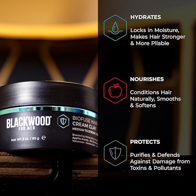Blackwood For Men BioFuse Hair Cream Clay, Matte Finish Medium to Strong Hold Hair Styling Aid, Natural Hybrid that Texturizes, Moisturizes, Conditions, Adds Volume, Fights Frizz & Detangles, 3oz