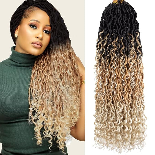 COOKOO 24 Inch 8 Packs Bohemian River Goddess Locs Crochet Hair for Black Women Boho River Locs Crochet Hair Pre Looped Goddess Faux Locs with Curly Ends Soft Crochet Locs Hair Extensions 1B/27/613#