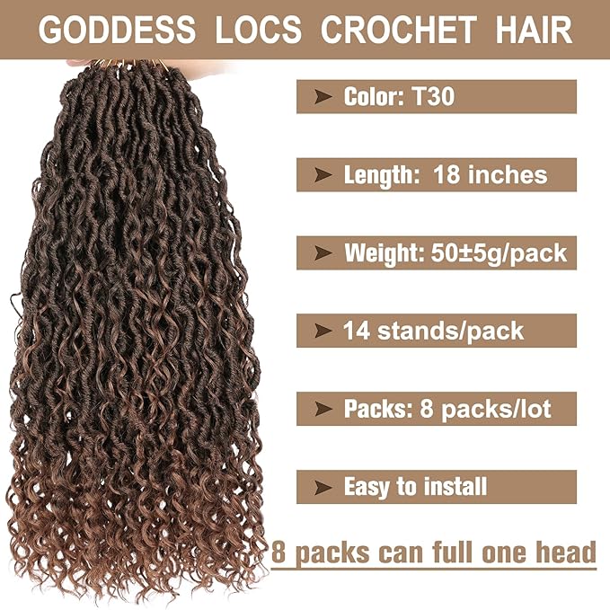 COOKOO Soft New Faux Locs Crochet Hair 18 Inch Ombre Golden Brown Boho Style Goddess Locs Crochet Hair for Women 8 Packs Pre-looped Crochet Braids Hippie River Locs Synthetic Hair Extensions T30#