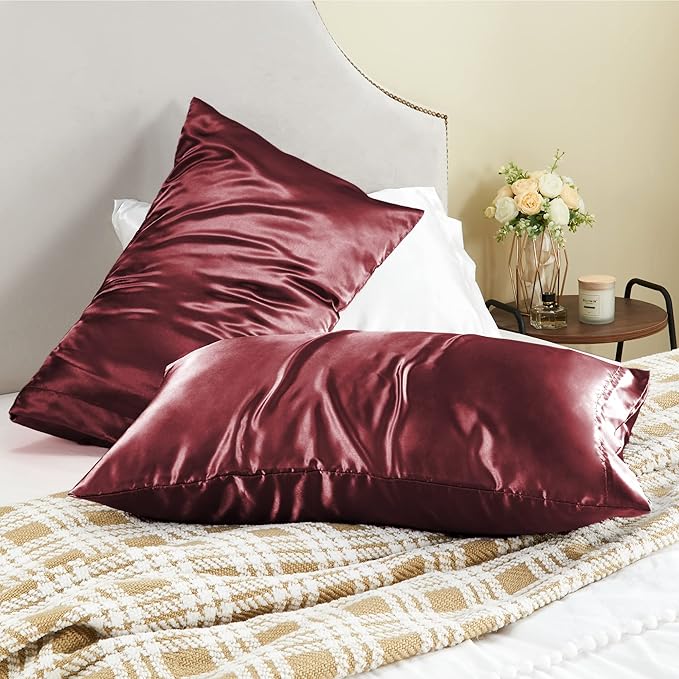 BEDELITE Satin Pillowcase for Hair and Skin, Super Soft and Cooling Similar to Silk Pillow Cases 2 Pack with Envelope Closure, Gift for Women Men(20"x26" Standard Size, Burgundy)