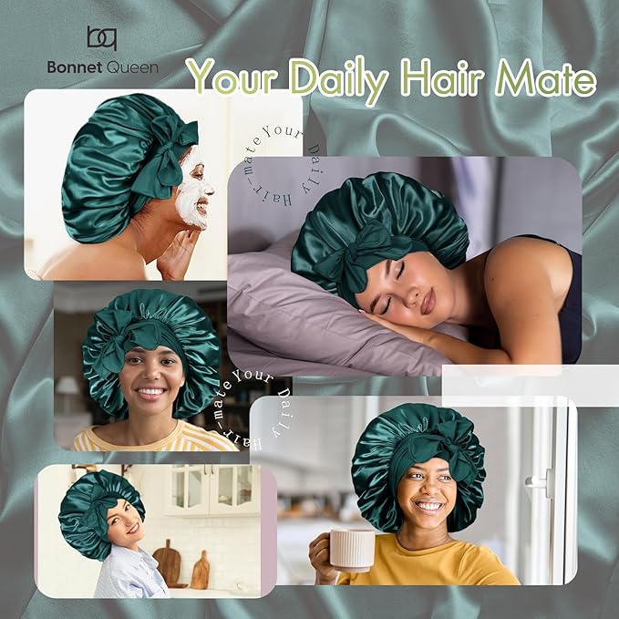 BONNET QUEEN Silk Bonnet for Sleeping Women Big Satin Bonnet Night Sleep Cap Wrap for Curly Hair with Adjustable Tie Band, Single Layer, Large, Darkish Green