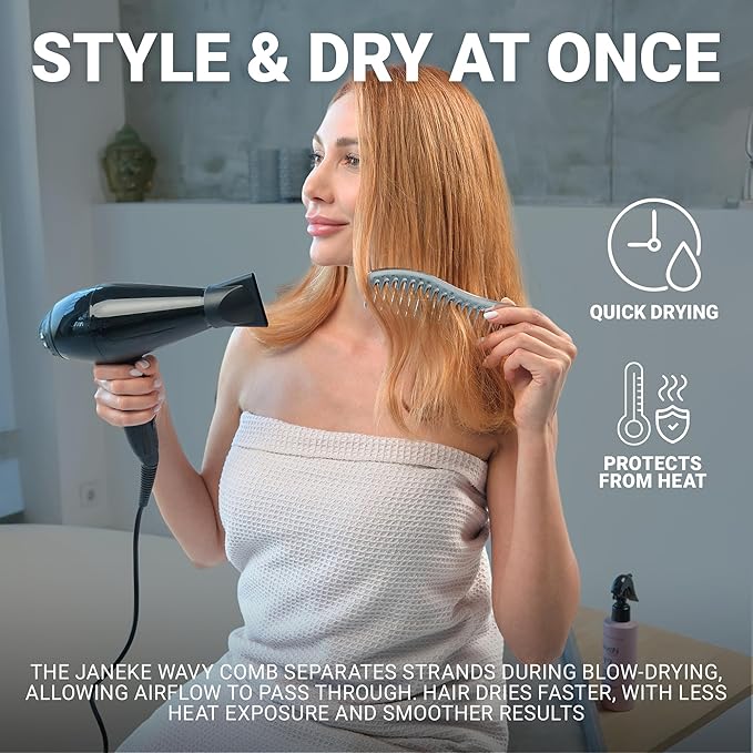 Janeke Wave Comb – Wide Tooth Detangling Comb for Wet & Curly Hair – Heat-Resistant, Anti-Static, Gentle on Scalp – Made in Italy Professional Hair Tool (Silver)