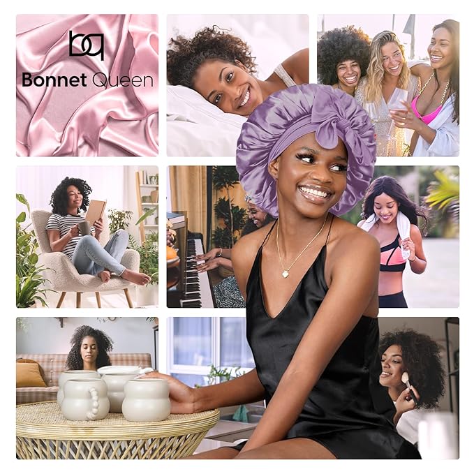 BONNET QUEEN Silk Bonnet Satin Bonnet Hair Bonnet for Sleeping Sleep Cap Bonnets for Women Girls Wig with Stretch Tie Band Edge Wrap Lilac