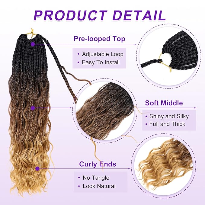 Eacia Goddess Box Braids Crochet Hair 18 Inch 7 Packs Pre Looped Ombre Crochet Hair with Curly Ends Boho Box Braids for Women(18 Inch, T1B/30/27#)