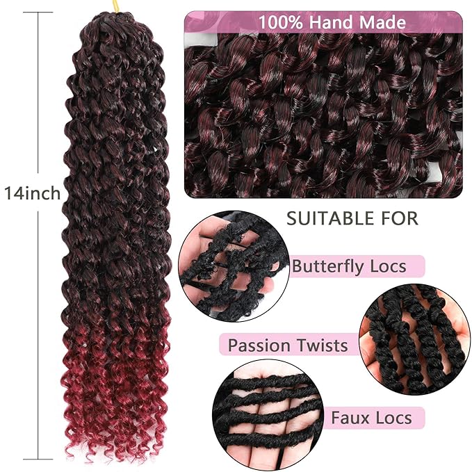 Alrence Passion Twist Hair 14 Inch 8 Packs Water Wave Crochet Hair Curly Braiding Hair For Butterfly Locs Long Bohe Crochet Braids (14 Inch (Pack of 8), 1B/BG)