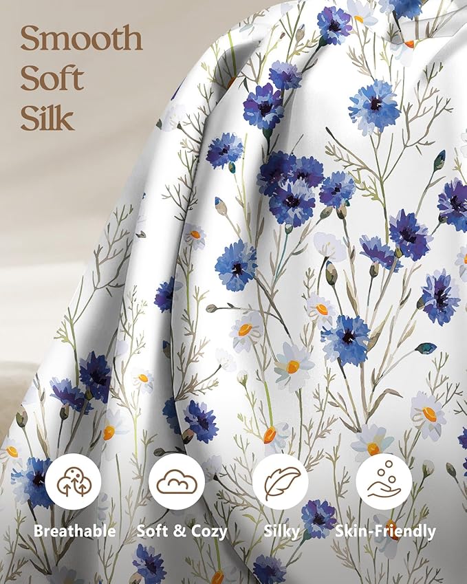 Silk Pillowcase 2 Pack - Cute Pillow Cases 20" x 26" Standard Size Set of 2 for Hair and Skin Smooth Soft Breathable with Hidden Zipper Cooling Pillow Covers for Sleeping, Blue Daisy