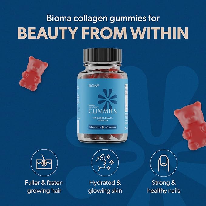BIOMA Hair, Skin & Nails Beauty Gummies - Supports Growth & Strength with Biotin, Collagen, Zinc & Vitamins C & D - Gluten-Free - 180 Gummies (90-Day Supply, 3 Pack)