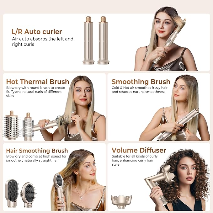 Ukliss 8 in 1 Hair Dryer Brush & Multi Hot Air Styler–Foldable 110,000 RPM Blow Dryer Brush Tool Set with Diffuser Auto-Wrap Curler for Fast Drying Curling Straightening Hair Daily Styling (1.25'')