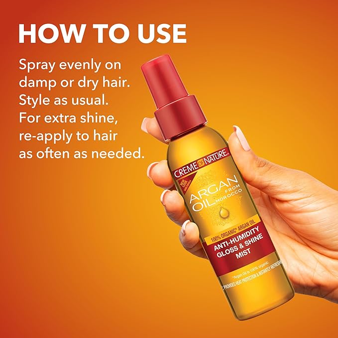 Creme of Nature Anti-Humidity Gloss & Shine Mist, Lightweight Frizz Control and Heat Protection, Infused with 100% Organic Argan Oil from Morocco, 4 oz