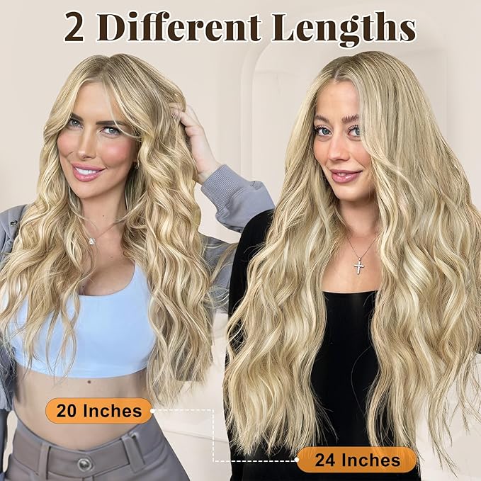 ALXNAN Clip in Long Wavy Synthetic Hair Extension 20 Inch Beach Blonde 4PCS Thick Hairpieces Fiber Double Weft Hair for Women
