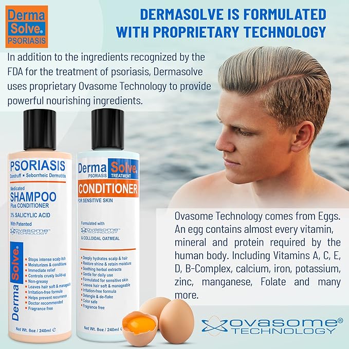 Dermasolve Scalp Psoriasis Medicated Shampoo & Conditioner - Naturally Heals Dandruff Seborrheic Dermatitis Itchy Flakey Inflamed Skin & Provides Soothing Moisturizing Relief - 8 oz bottles (2 Pack)