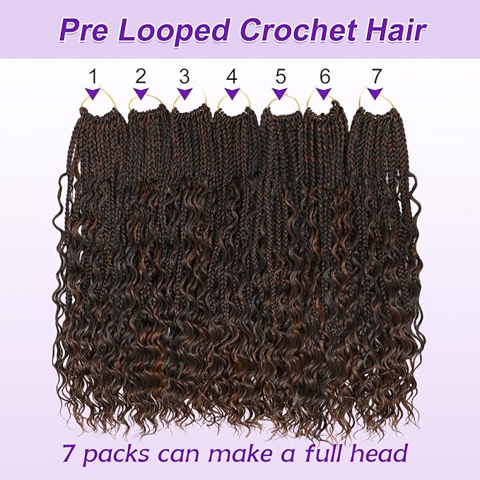 Eacia Goddess Box Braids Crochet Hair 18 Inch 7 Packs Boho Box Crochet Hair for Women Pre Looped Braids with Curly Ends (18 Inch, P4/30#)