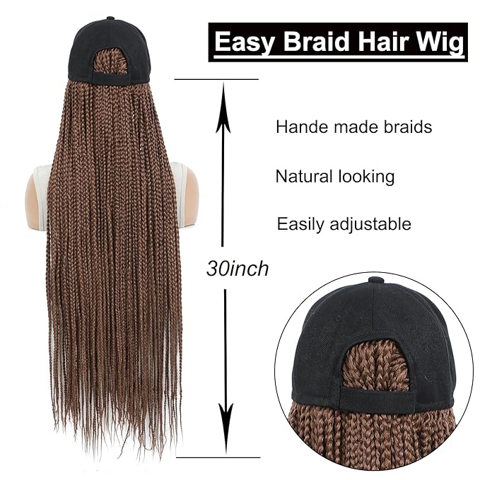 Braided Baseball Cap Wig Box Braid Hair Extensions with Hat brown color Synthetic Cap Wig with 30inch Long Synthetic Braiding Hair for Women (30in-30)