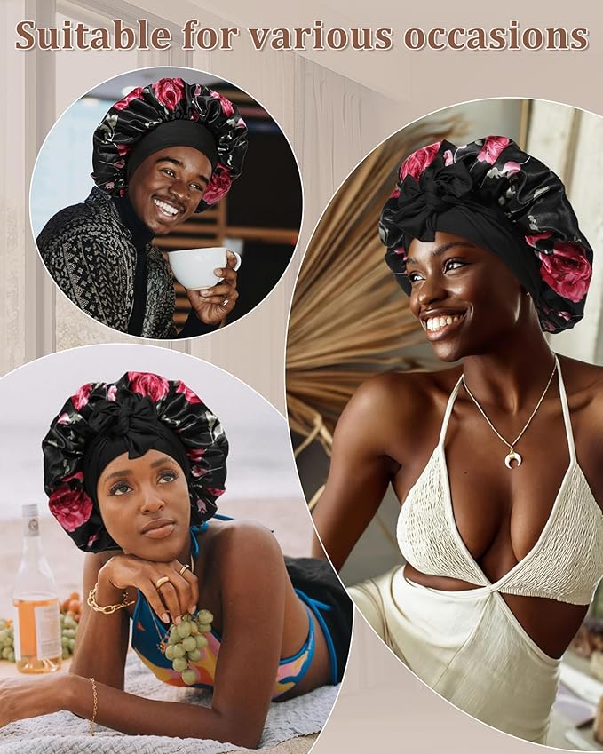 Reversible Satin Bonnet for Sleeping Women Double Layer Hair Bonnet with 2PCS Hair Scrunchies Elastic Tie Band Night Cap