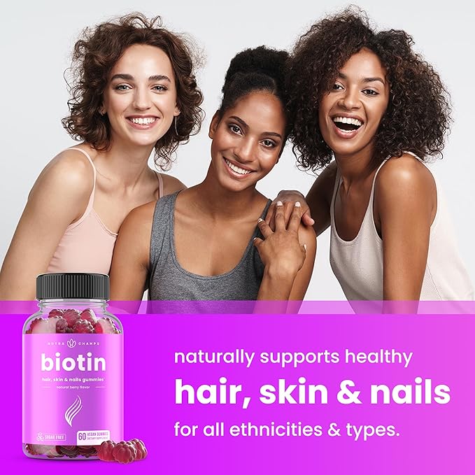 NutraChamps Sugar Free Biotin Gummies 10000mcg [High Potency] - Healthy Hair, Skin & Nails for Women, Men & Kids - 5000mcg in Each Gummy - Vegan Hair Health Vitamins Supplement - Raspberry (2-Pack)
