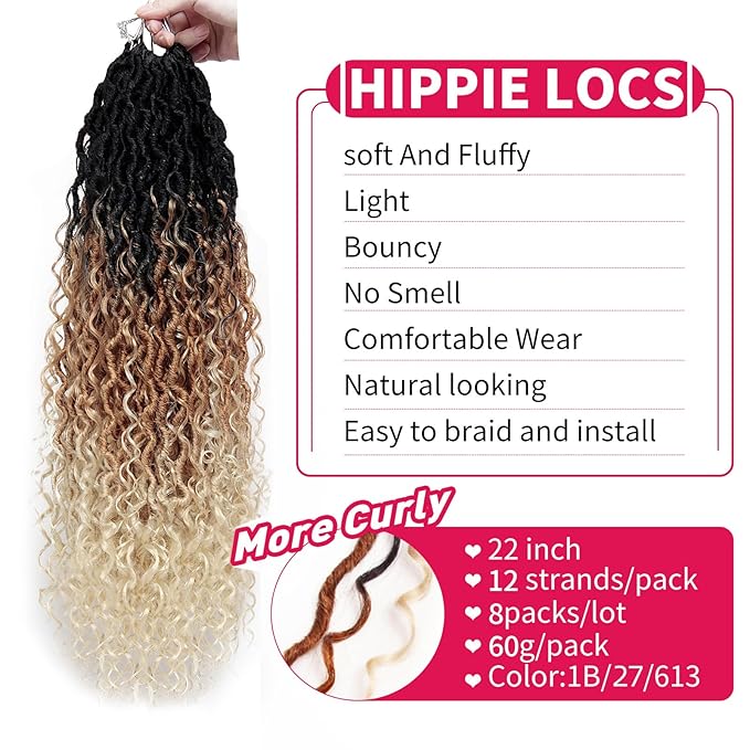 8Packs Goddess Locs Crochet Hair 22Inch Crochet Locs,Boho Faux Loc With Curly Ends River Hippie Bohemian Loc Crochet Hair for Black Women(OT27/613, 22inch(Pack of 8))