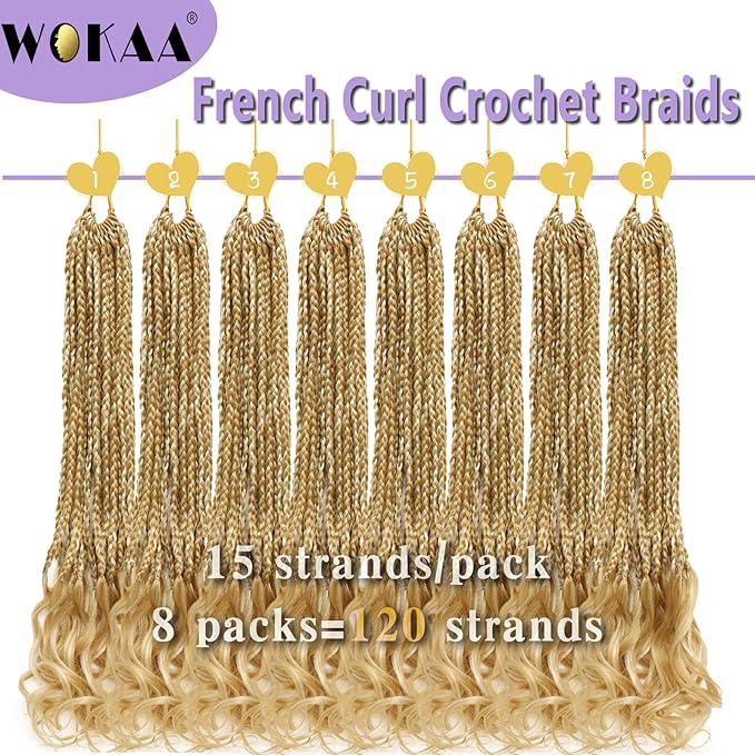 French Curl Crochet Braids 24 Inch 8 Packs Goddess Box Braids Crochet Hair for Women Pre Looped Crochet Box Braid with Curly Ends Synthetic French Curly Braiding Hair Extensions (P27/613)