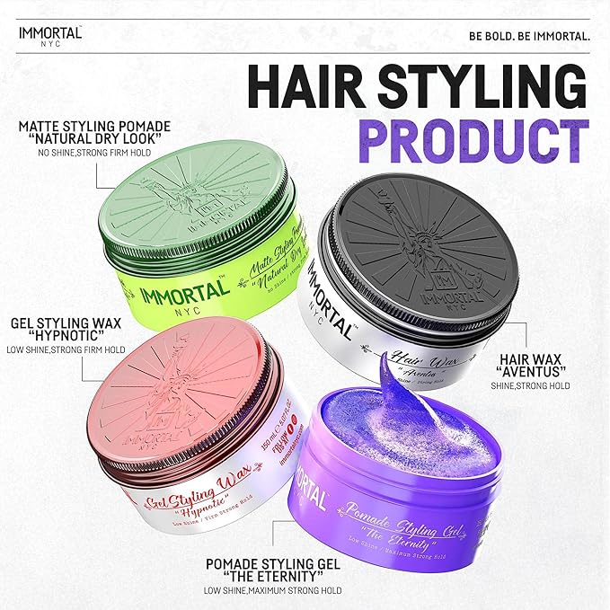 Immortal NYC Hair Styling Pomade - The Eternity, Extra Strong Hold, Low Shine, Water-Based, All Natural, No Residue, Men’s Pomade for All Hair Types