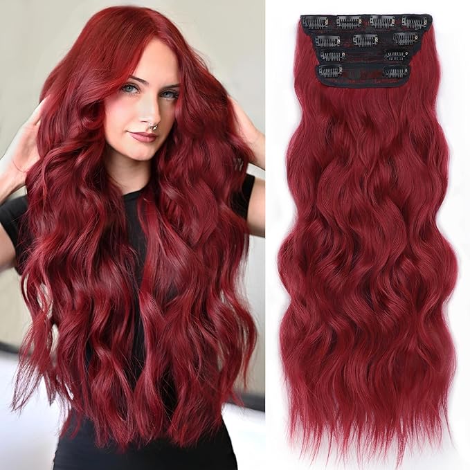 ALXNAN Clip in Long Wavy Synthetic Hair Extension 24 Inch Red 4PCS Thick Hairpieces Fiber Double Weft Hair for Women