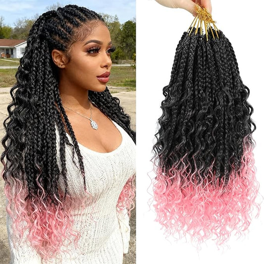 8 Packs Crochet Box Braids- 14 Inch Bohomian Box Braid Crochet Hair Synthetic Braiding Hair Goddess Box Braids Crochet Hair for Black Women(14(8Packs), 1B/Pink)
