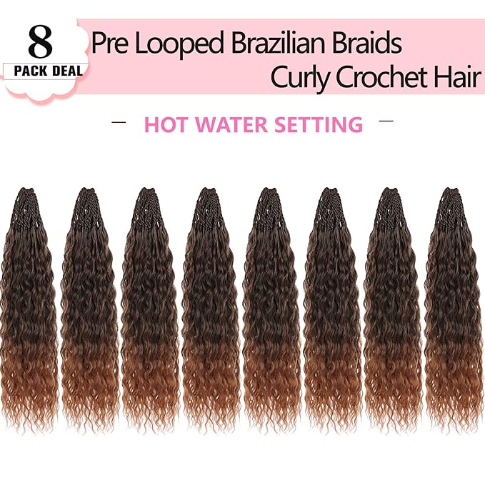 Xtrend 8 Packs Ombre Brown Brazilian Braids Curly Crochet Hair 14 Inch Pre Looped Micro Curly Crochet Hair Extensions Water Wave Synthetic Deep Wave Crochet Hair For Black Women(30Strands/Pack，T30#)