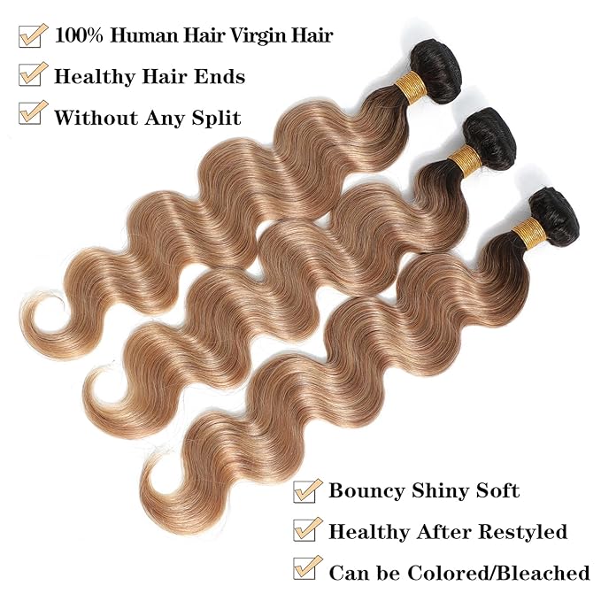 12A Ombre Body Wave Bundles Human Hair (T1B/27,22" 24" 26") Brazilian Remy Ombre Brown Human Hair 100% Unprocessed Virgin Brazilian Body Wave Hair Weave 3 Bundles
