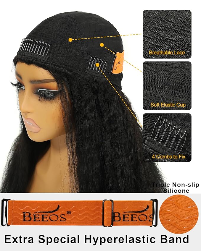 BEEOS Half Wig Human Hair Kinky Straight, 3 In 1 Drawstring Wear Go Glueless Wigs 180% Density, Non-Slip Seamless Flip Beginner Friendly 18 Inch
