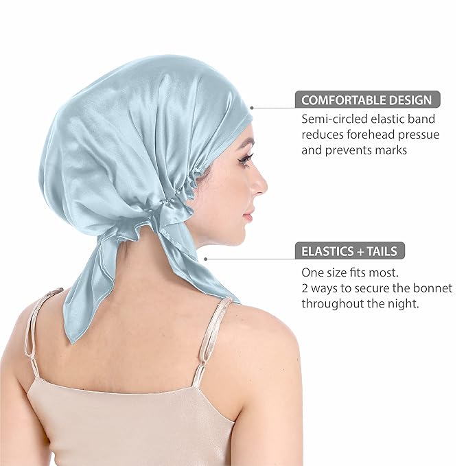 SissiLita 100% Silk Bonnet for Sleeping, Mulberry Silk Sleep Cap with Tie Band for Curly Hair Care (Blue)