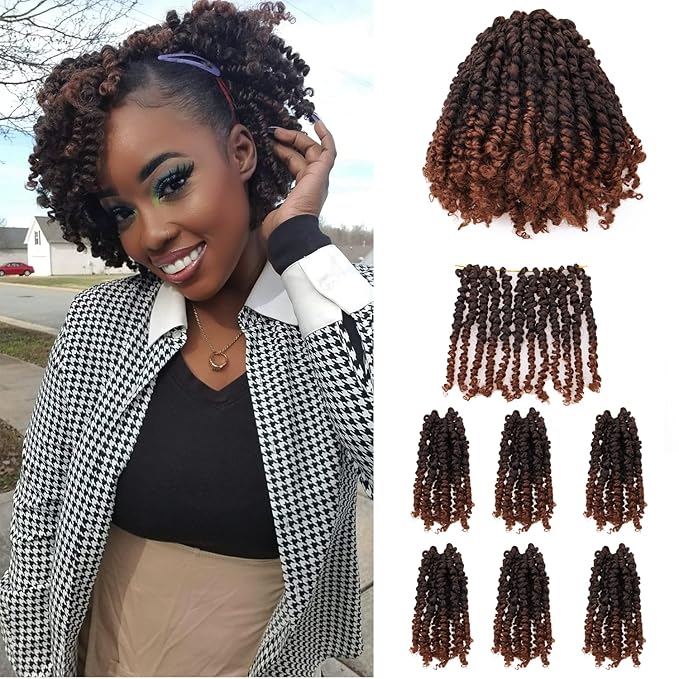 8 Inch 7 Packs Pre Looped Pretwisted Passion Twist Crochet Hair for Black Women and Kids-Ombre Brown,Soft Hair Extensions Braided by Synthetic Spring Kinky Twist Bohemian Curl(T30)