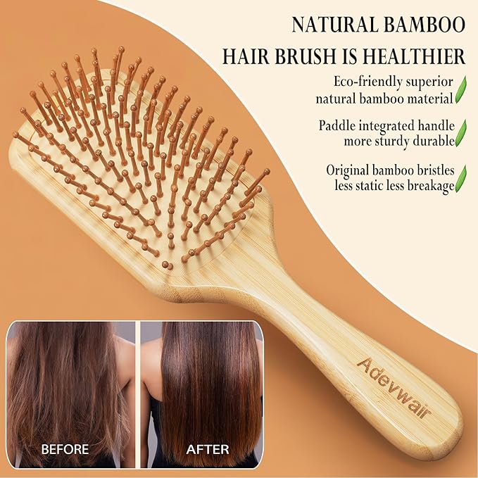 Bamboo Brush for Hair Growth, Natural Bamboo Bristles Detangling Paddle Hair Brush for Women Men and Kids Massaging Scalp, Wooden Brush with Ergonomic Handle for All Hair Types