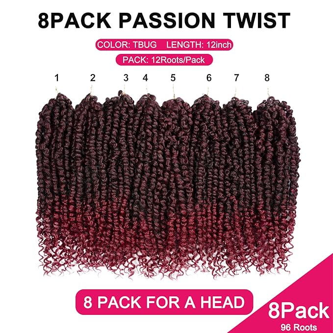 Passion Twist Hair - 8 Packs 12 Inch Passion Twist Crochet Hair For Women, Crochet Pretwisted Curly Hair Passion Twists Synthetic Braiding Hair Extensions (12 Inch 8 Packs, TBUG)