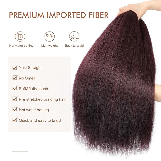 Pre-stretched Braiding Hair - 22 Inch 8 Packs Burgundy Wine Red Braiding Hair For Twist or Box Braids, Yaki Texture Hot Water Setting Synthetic Braiding Hair Extensions (22 Inch, 99J-8P)