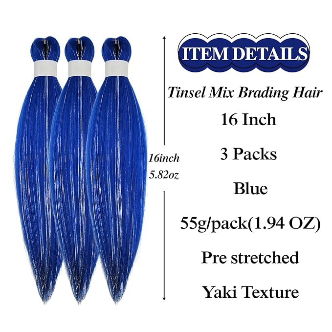 Tinsel Kids Braiding Hair Pre stretched Blue Braiding Hair for Glitter Braids Festival Braids Cosplay