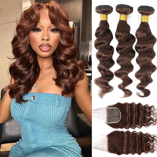Brown Bundles with Closure Human Hair Loose Wave Human Hair Bundles with Closure (14 16 18+12）12A Brazilian Virgin Hair Light Brown Loose Deep Wave 3 Bundles with 4x4 Closure 4# Color