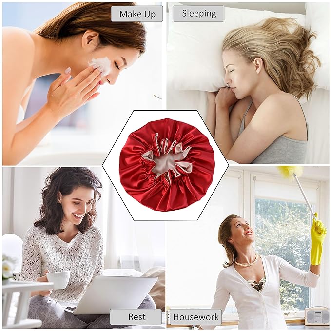 Silk Bonnet for Sleeping Satin Bonnets Double Layer Reversible Hair Cap Bonnet for Women Long Curly Braid Hair (Red)