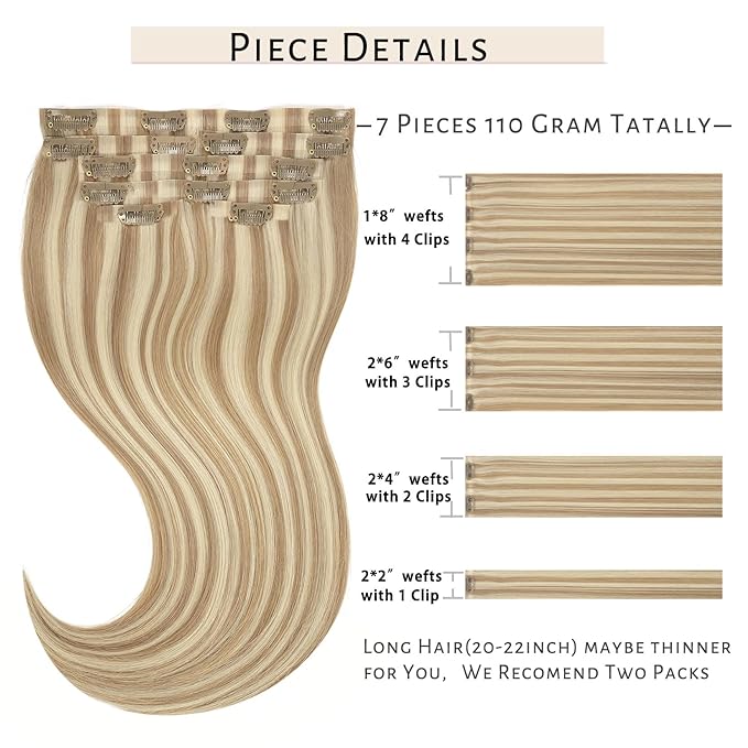 Caliee 22Inch Blonde Clip in Hair Extensions 7Pcs Invisible Seamless Human Hair Clip ins P8-60A Light Brown with Platinum Blonde Straight Natural Hair Remy Clip in Hair Extensions for Women 110G