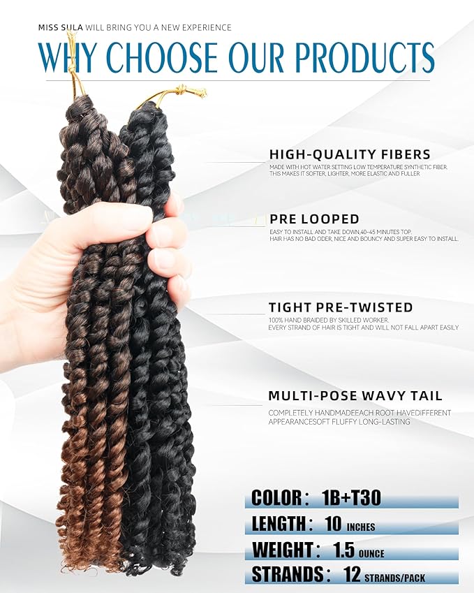 Passion Twist Crochet Hair-Mixed Color Combo Pack(6 packs 1B+2 packs T1B/30),Pre-twisted Pre Looped Synthetic Braided Hair Extensions For Black Women and Kids(10"-8 Packs,1B+T30)