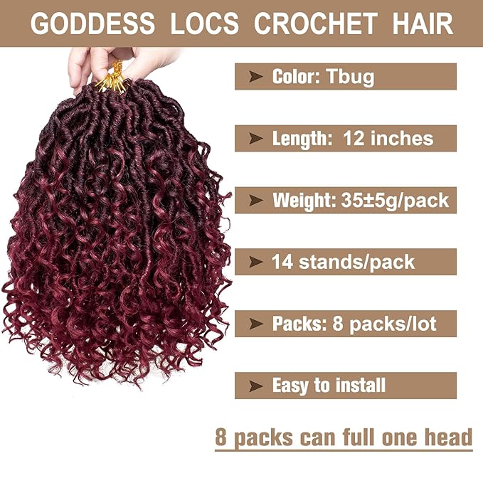 COOKOO 8 Packs Goddess Locs Crochet Hair Burgundy Red 12 Inch Faux Locs Crochet Hair Pre Looped Curly Crochet Locs Hair for Black Women Boho Hippie Locs Synthetic Hair Extensions Tbug#