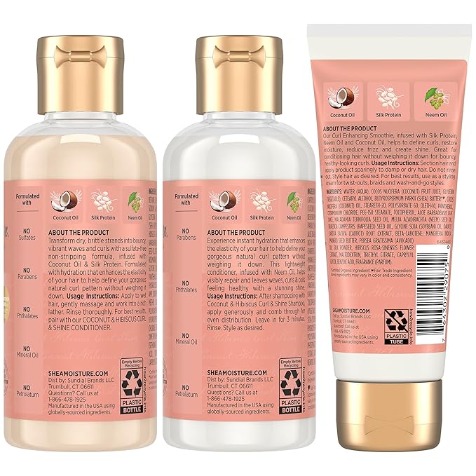 SheaMoisture Travel Essentials Hair Care Bundle, Coconut & Hibiscus Curl & Shine Shampoo & Conditioner + Curl Enhancing Smoothie for Bouncy Curls, Frizz Control, 3.2 Oz Ea