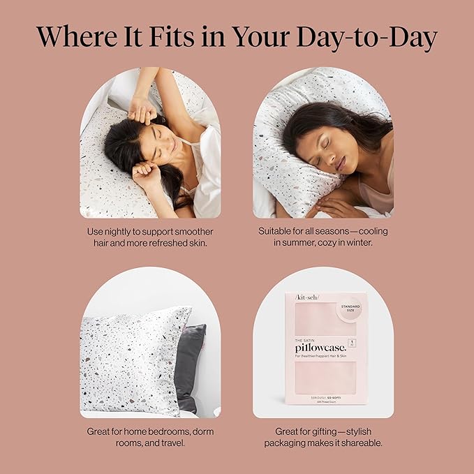 Kitsch Satin Pillowcase with Zipper for Hair & Skin, Softer Than Silk Pillow Cases Queen, Wrinkle-Free, Smooth and Cooling Satin Pillow Covers, Standard Size 19"x26", White Terrazzo