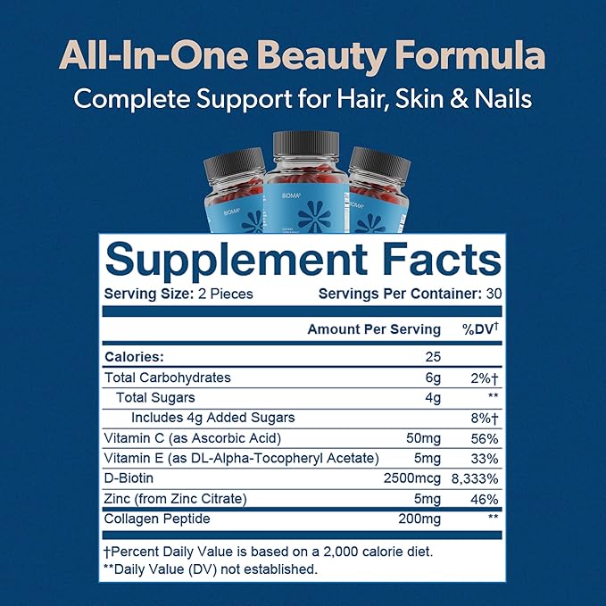 BIOMA Hair, Skin & Nails Beauty Gummies - Supports Growth & Strength with Biotin, Collagen, Zinc & Vitamins C & D - Gluten-Free - 60 Gummies (30-Day Supply)