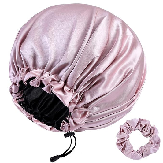 RedJoe 22 Momme 100% Mulberry Silk Bonnet Hair Wrap for Sleeping, Adjustable Silk Scrunchies Sleep Cap for Women Men Hair Care, Head Scarf Night Caps with Elastic Stay On Head, 1Pc(Blush Pink,Black)