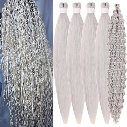 Silver Grey Braiding Hair Pre stretched for Boho Braids Deep Wave Curly Braiding Hair Prestretched for Bohemian Braids Hot Water Setting
