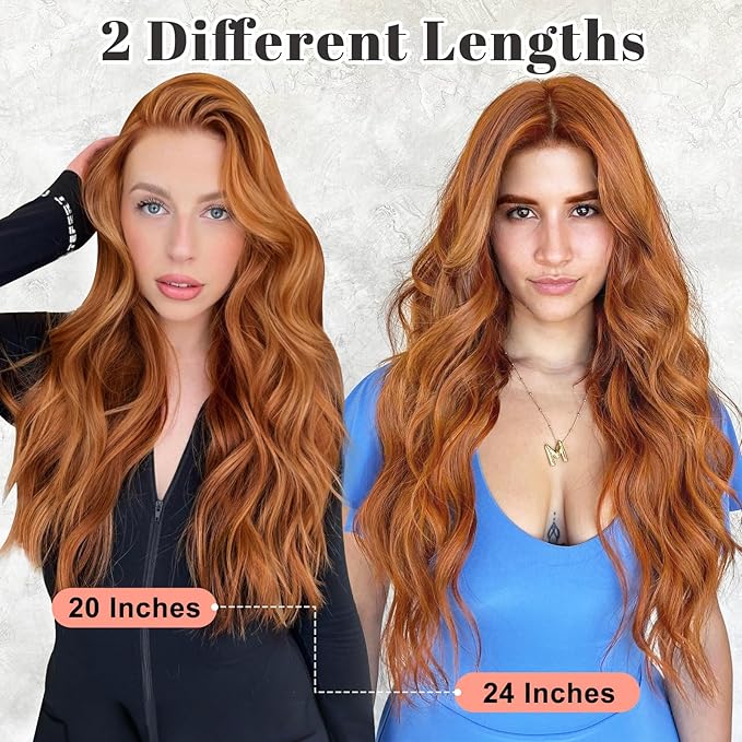ALXNAN Clip in Hair Extension,Long Wavy Hair Extensions 20 Inch Orange Red 4PCS Thick Hairpieces for Women