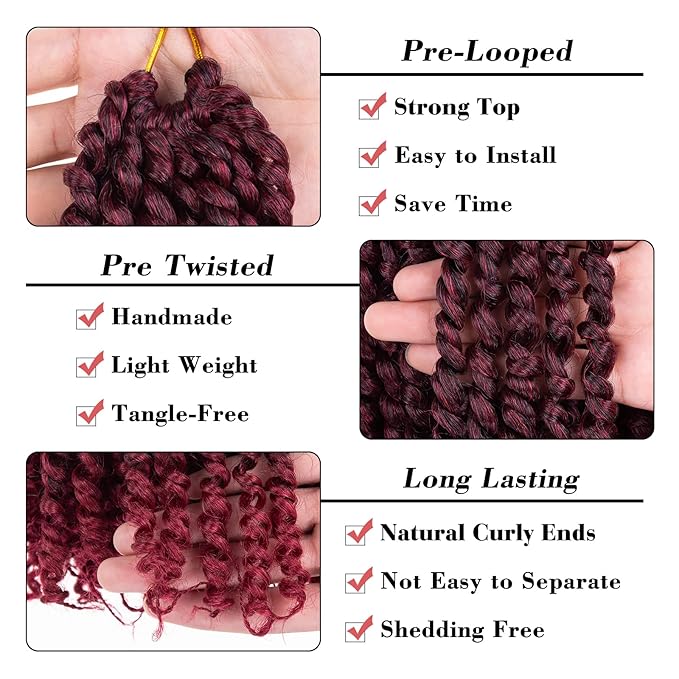 Leeven 12 Inch Pretwisted Passion Twist Hair 8 Packs Ombre Burgundy Pre Looped Red Water Wave Crochet Hair Short Curly Bohemian Braids Synthetic Hair Extensions for Black Women (12Strands/Pack #TBUG)
