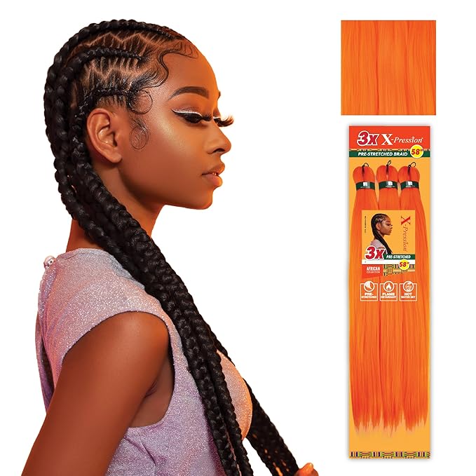 Sensationnel X-pression prestretched braiding hair - 3x braid 58 inch all kanekalon flame retardant synthetic braid for box braids and twists (1 pack, ORANGE)