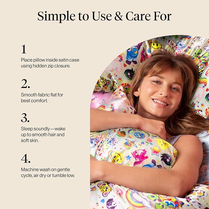 Kitsch x Lisa Frank Satin Pillowcase with Zipper for Hair & Skin, Softer Than Silk Pillow Cases, Wrinkle-Free, Smooth and Cooling Satin Pillow Covers King Size 19x36- The Fantastic World of Lisa Frank